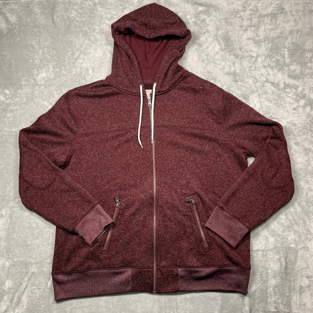 Merona‎ Full Zip Hoodie Mens XL Burgundy Marled Elbow Patch Zipper Pockets